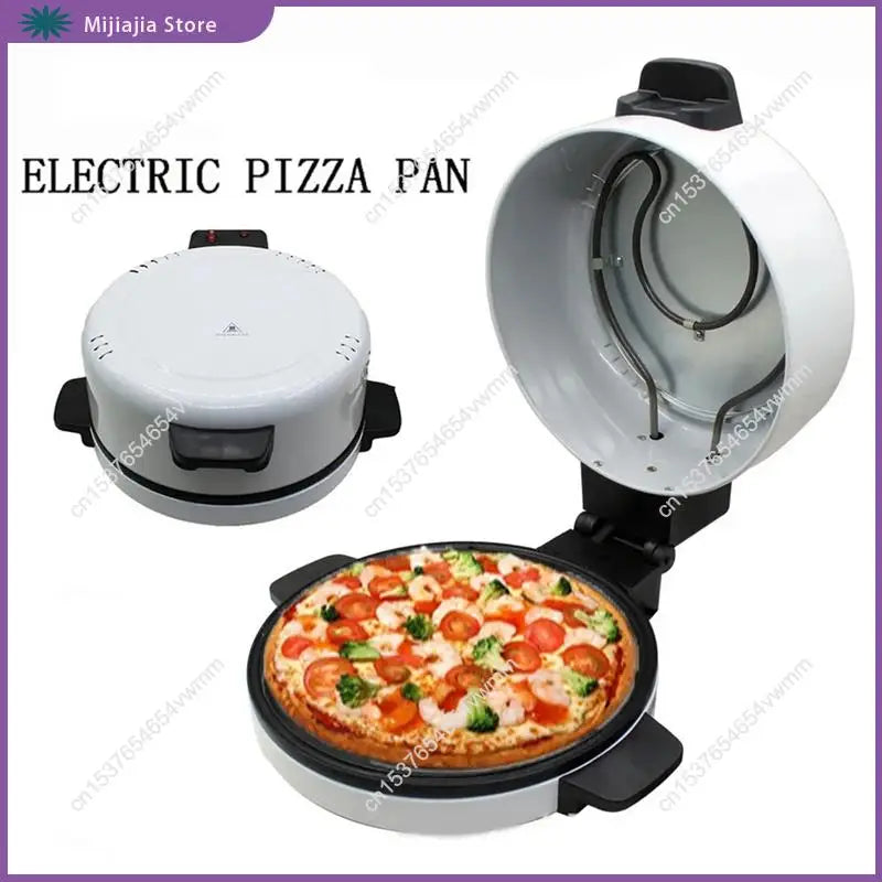 Electric pizza pan with a pizza inside on a white background