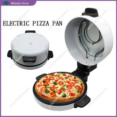 Electric pizza pan with a pizza inside on a white background