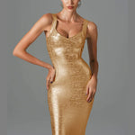 Boutique Designer Style Sexy Metallic Sleeveless Backless Short Dress Gold Silver Midi Bodycon Bandage Dress Elegant Evening Wedding Party Dress