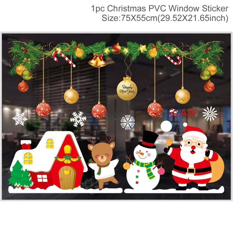 Christmas-themed PVC window sticker with Santa Claus, reindeer, snowman, and house design.