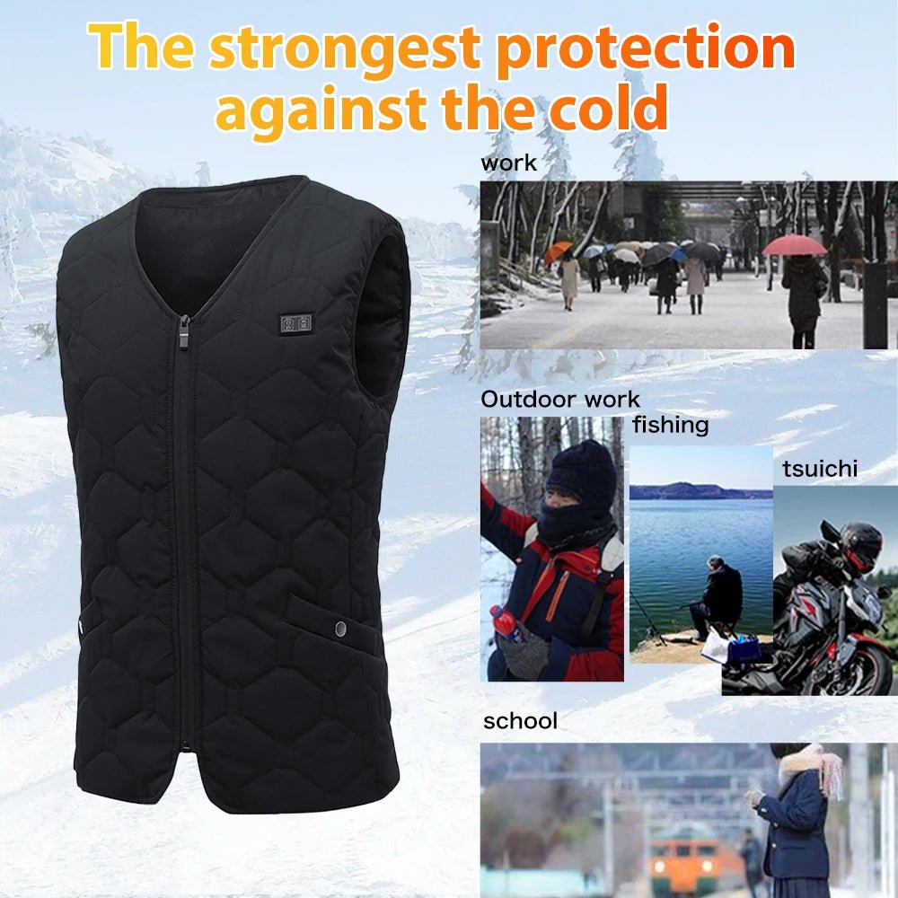 Black quilted vest with text 'The strongest protection against the cold' on a snowy background.