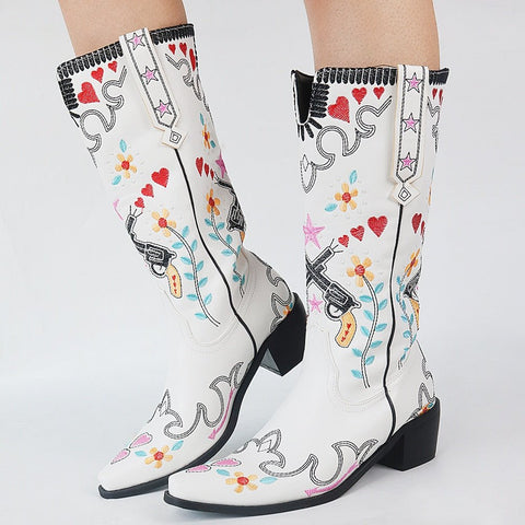 Cowboy Boots Women Faux Leather Mid-Calf Retro Embroidered Slip-On Chunky Heel Fashion Shoes