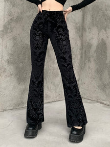 Women's Retro Floral Print Black Pants Gothic High Waist Flare Bootcut Trousers Streetwear Autumn Winter Pants