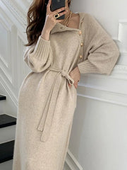 Vintage Mock Neck Midi Dress Long Sleeve Knitted  Long Dresses Ribbed Mock Neck With Buttons