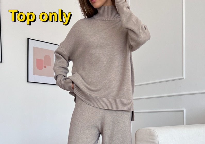 Turtleneck Sweater & Wide Leg Pant Set Women 2-Piece Knitted Warm Elegant Casual Fashion Outfit