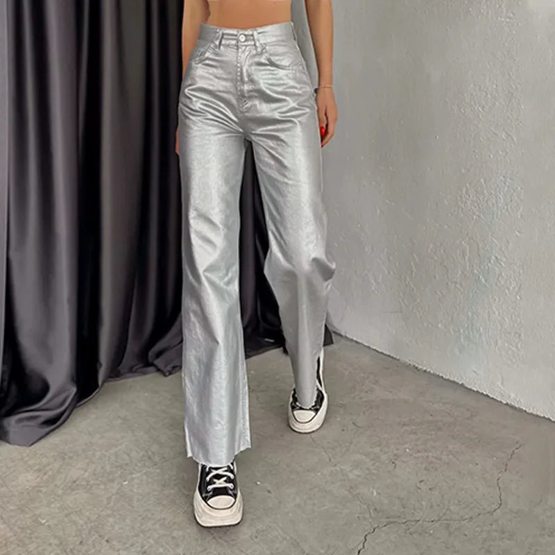 Gold & Silver High-Waist Metallic Straight Loose Fit Pants for Parties & Events