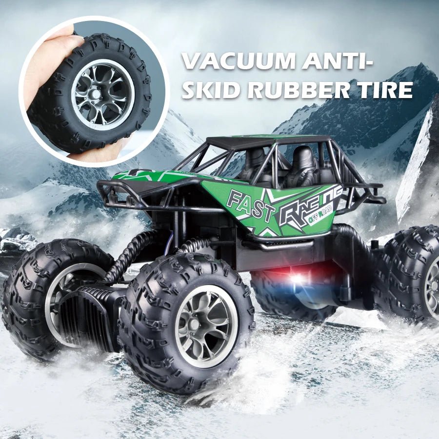 Toy off-road vehicle with large black tires on a snowy background, emphasizing the vacuum anti-skid rubber tire feature. - green