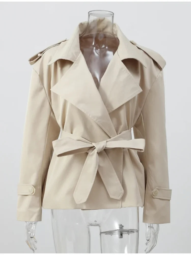 Khaki Belted Lace-Up Short Trench Coat for Women 