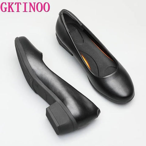 Work Pumps Women Black Leather Round Toe Thick Heel Soft Sole Professional Non-Slip Office Shoes