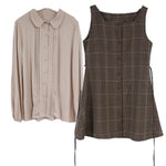 Cute Mini Sleeveless Vest Dress & Shirt Set for Women Retro Vintage Button Shirt & Plaid Dress