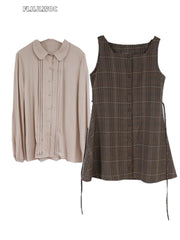 Cute Mini Sleeveless Vest Dress & Shirt Set for Women Retro Vintage Button Shirt & Plaid Dress