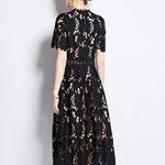 New High-End Embroidered Lace Hollow Out Dress O-Neck Short Sleeve Long Party Dress