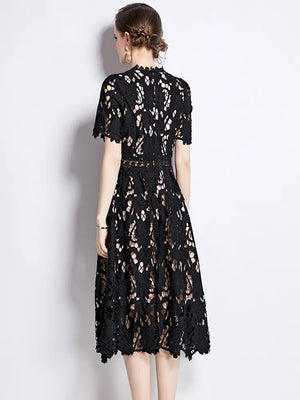 New High-End Embroidered Lace Hollow Out Dress O-Neck Short Sleeve Long Party Dress