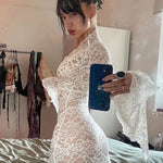 Elegant Lace See Through V-Neck Maxi Sexy Dress For Women Summer Chic Long Sleeve Hollow Out Slim Maxi Dress