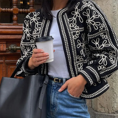 Two-Piece Embroidered Jacket and Shorts Set – Black and White Floral Pattern O-Neck Lantern Sleeve Coat High Waist Short Pants