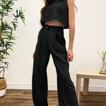 Women's 2 Piece Summer Cotton/Poly Long Pants Set Crop Top & Wide Leg Pant