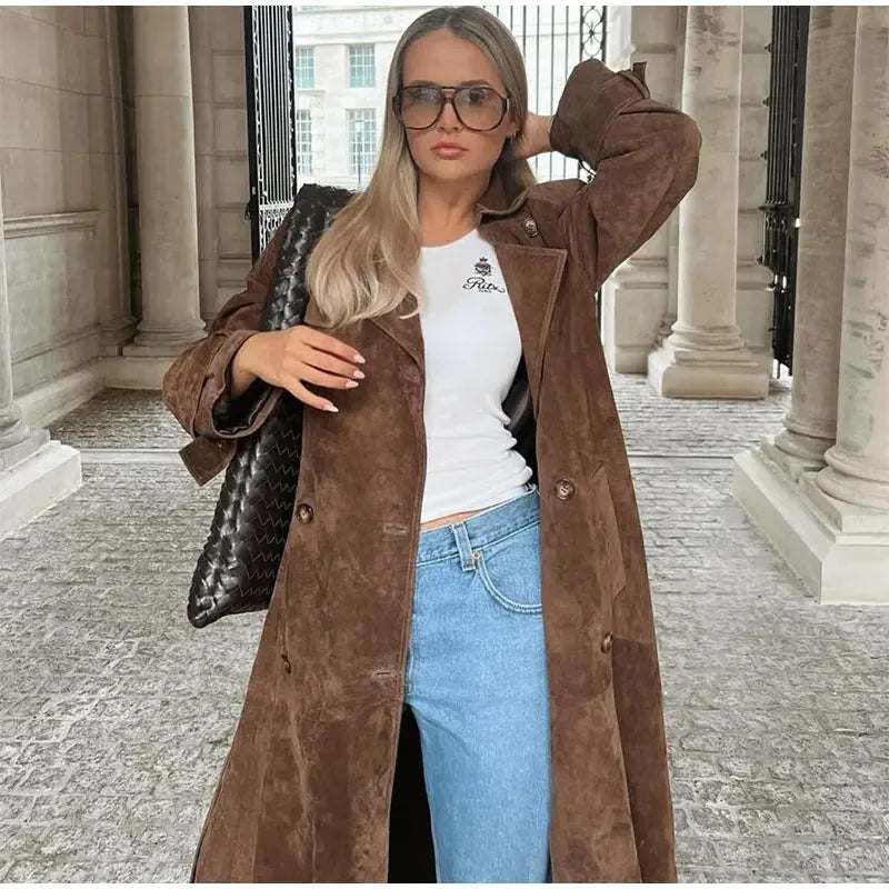 Elegant Suede Long Coat w/ Belt Double Button Lapel Windbreaker Coat New Fashion Oversized High Quality Jacket