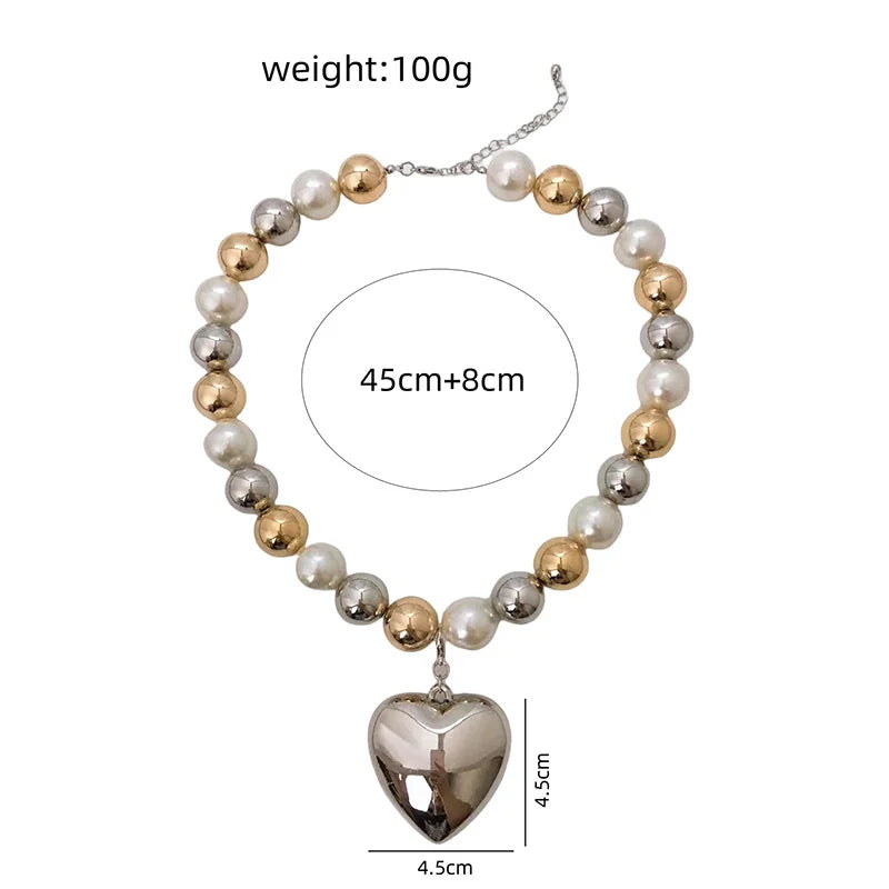 SteamPunk CCB Ball Bead Necklace – Vintage Pearl & Gold Heart Pendant Choker for Women