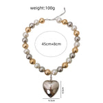 SteamPunk CCB Ball Bead Necklace – Vintage Pearl & Gold Heart Pendant Choker for Women