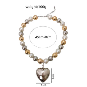 SteamPunk CCB Ball Bead Necklace – Vintage Pearl & Gold Heart Pendant Choker for Women