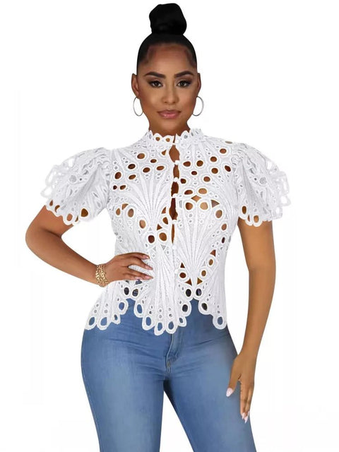 Blouse Women Casual Short Lantern Sleeve Stand Collar Lace Hollow Out Chic Elegant Top Shirt