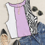 Women's Zebra Stripe Graphic Patchwork Rib Knit Crop Top Vest Y2K Sleeveless Tank Tops