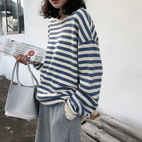 Oversized Striped Sweater Women Vintage Loose Casual Cozy Everyday Winter Fashion Sweatshirt Top