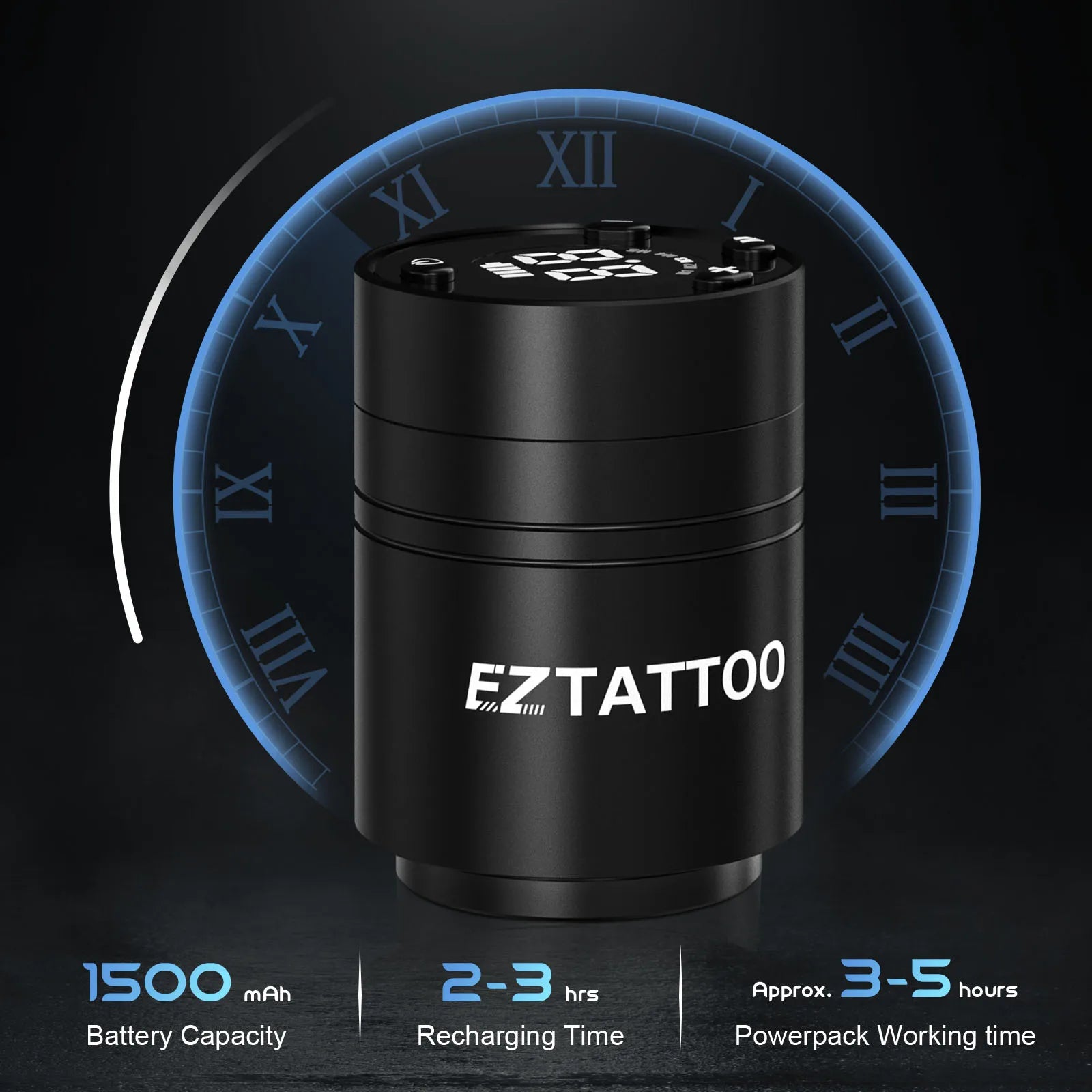 Black tattoo powerpack with 'EZTATTOO' branding on a dark background with clock design.