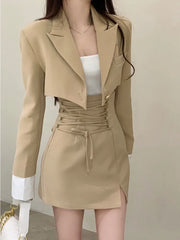 2 Piece Dress Set Women's Casual Y2k Elegant Skirt Suit Crop Blazer + Mini Skirts