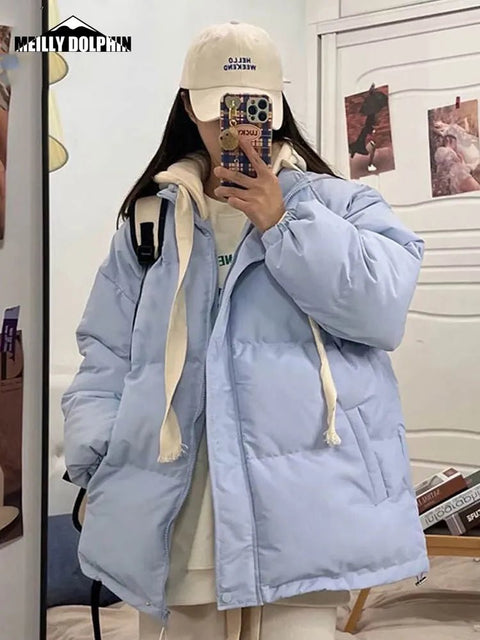 Down Jacket Women Short Thick Warm Spliced Oversized Loose Puffer Casual Winter Coat Outerwear