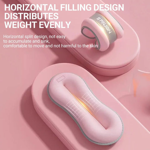 Pink wrist and ankle weights with text highlighting horizontal filling design on a pink background