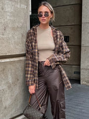 Vintage Plaid Shirts for Women Loose Fit Blouse Button Top Oversized Long Shirts