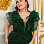 Plus Size Women's Sequin Dresses V-Neck Tiered Sleeve Sexy Slit Elegant Wedding Party Prom Dresses Gowns