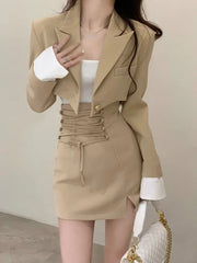 2 Piece Dress Set Women's Casual Y2k Elegant Skirt Suit Crop Blazer + Mini Skirts