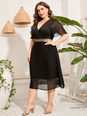 Plus Size Evening Dress for Spring Summer and Fall V Neck Short Sleeve Sequined Waist Elegant Lace Wedding Party Midi Dress