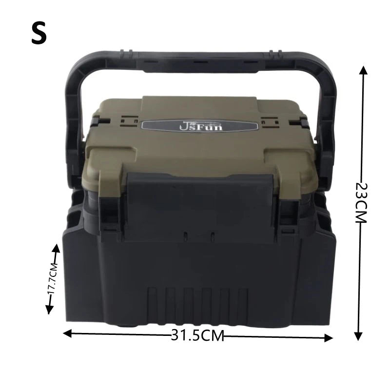 Black and green storage box with dimensions labeled on a white background