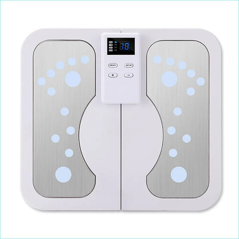 White electronic foot massager with digital display on a light blue background