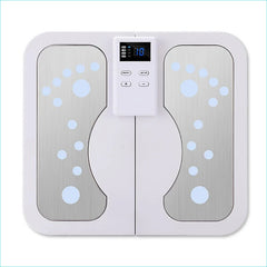 White electronic foot massager with digital display on a light blue background