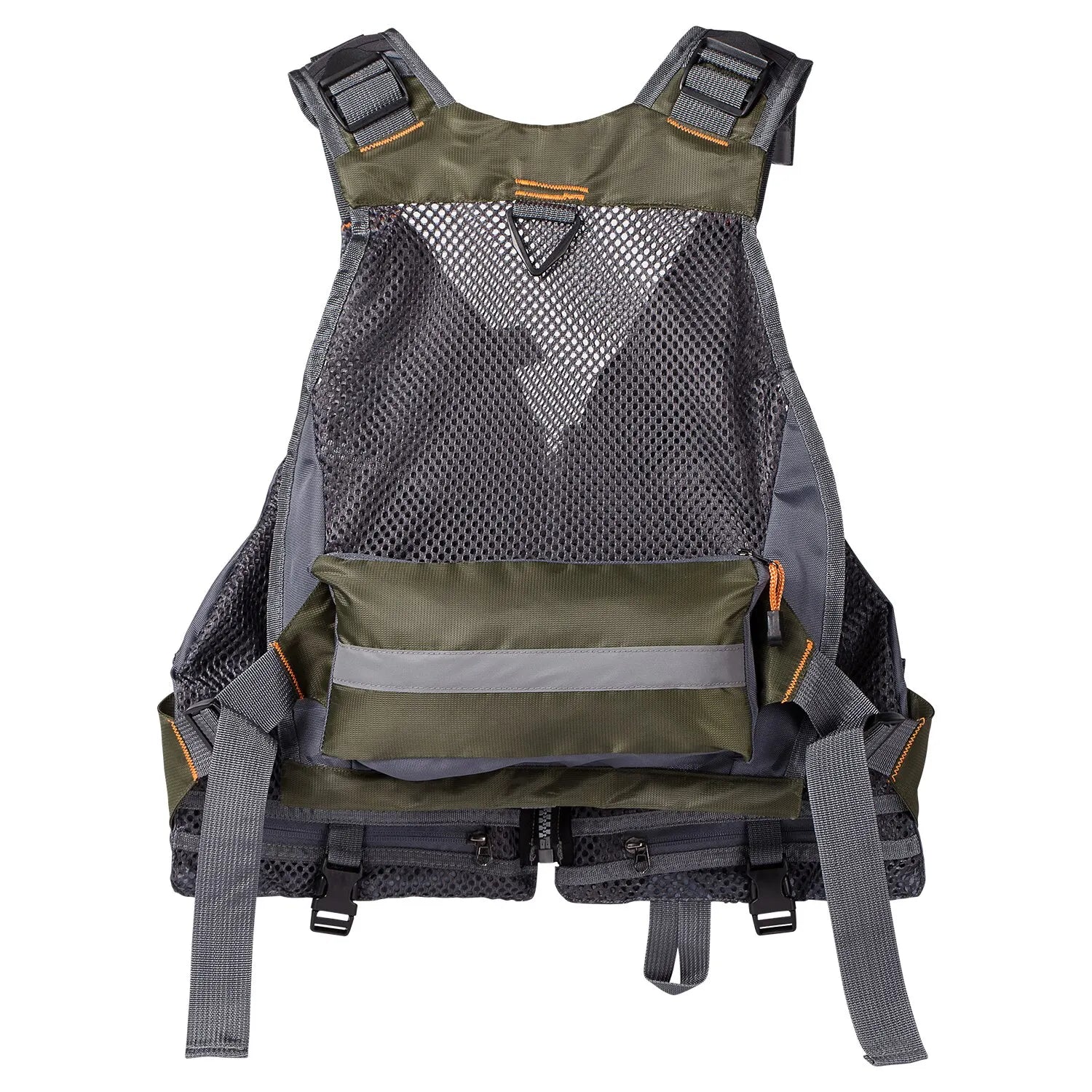 Green and gray tactical vest with mesh back and multiple straps on a white background