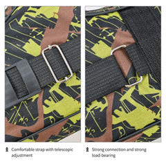 Close-up of a bag strap with telescopic adjustment and strong connection, featuring a camouflage pattern.