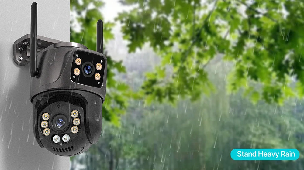 Outdoor security camera with rainproof design against a background of green foliage and rain.