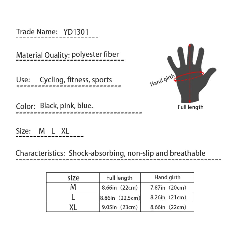 Product specifications for gloves including trade name, material, use, color options, size range, and dimensions.