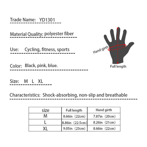 Product specifications for gloves including trade name, material, use, color options, size range, and dimensions.