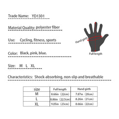 Product specifications for gloves including trade name, material, use, color options, size range, and dimensions.