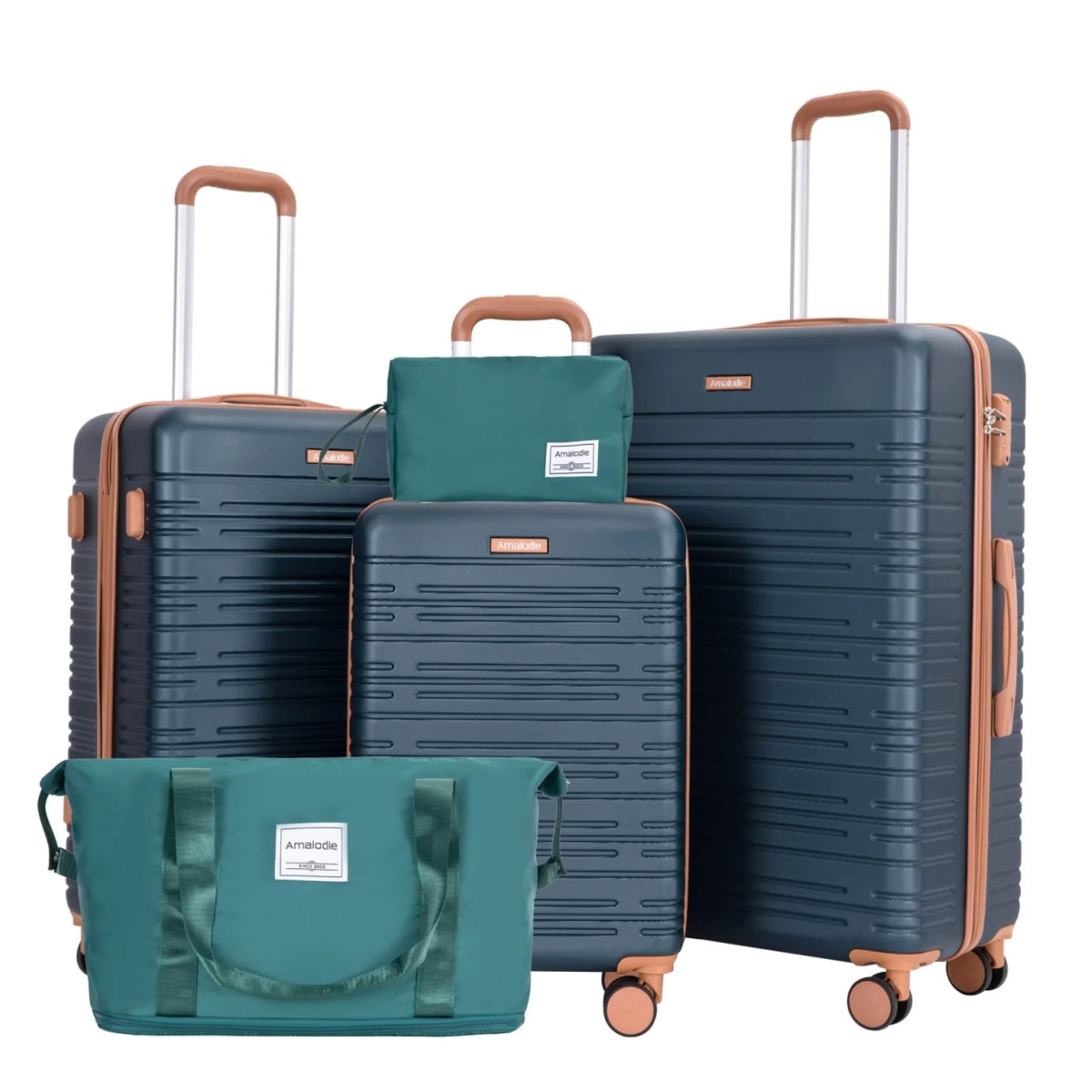 Set of blue suitcases with brown handles and wheels on a white background