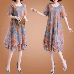 Women's Irregular Loose Midi A-Line Dress Round Neck Summer Short Sleeve Layered Patchwork Dresses