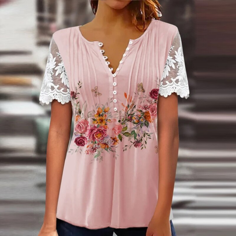 Women's Patchwork Lace Floral Print Top Embroidered Mesh Short Sleeve Blouse