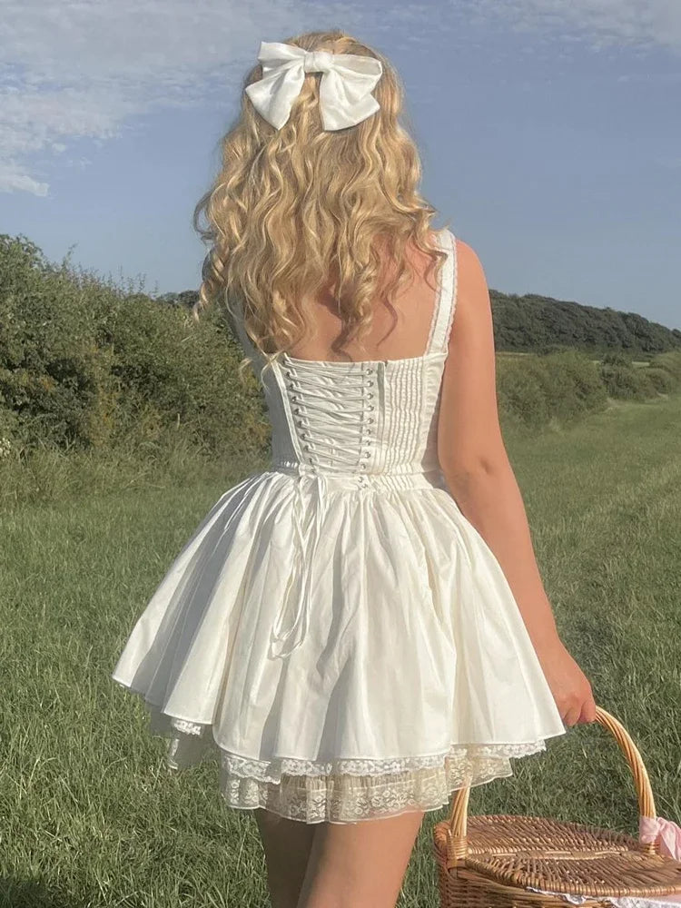 White A-Line Mini Dress Elegant Lace Up Party Holiday Dress Casual Spaghetti Strap Summer Dress