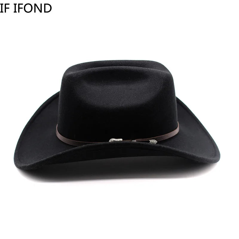 Black cowboy hat with a brown band on a white background