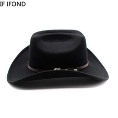 Black cowboy hat with a brown band on a white background